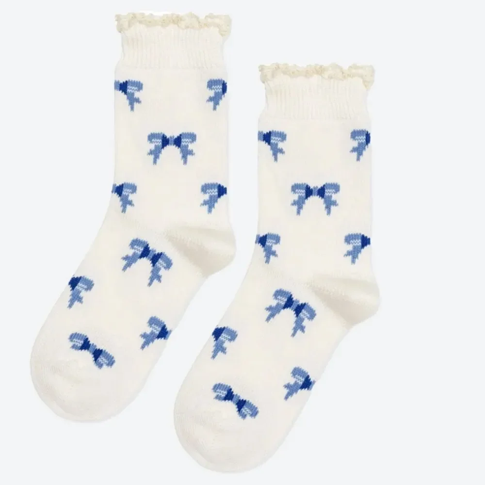 Hansel from Basel BUNDLE TWO PAIRS of All Over Bows Crew, Ivory/blue, NWT
